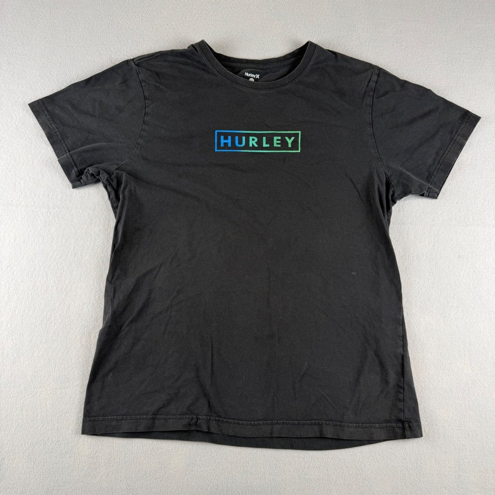 Hurley Mens Large Black Graphic T-Shirt Blue Green Gradient Box Logo Tee